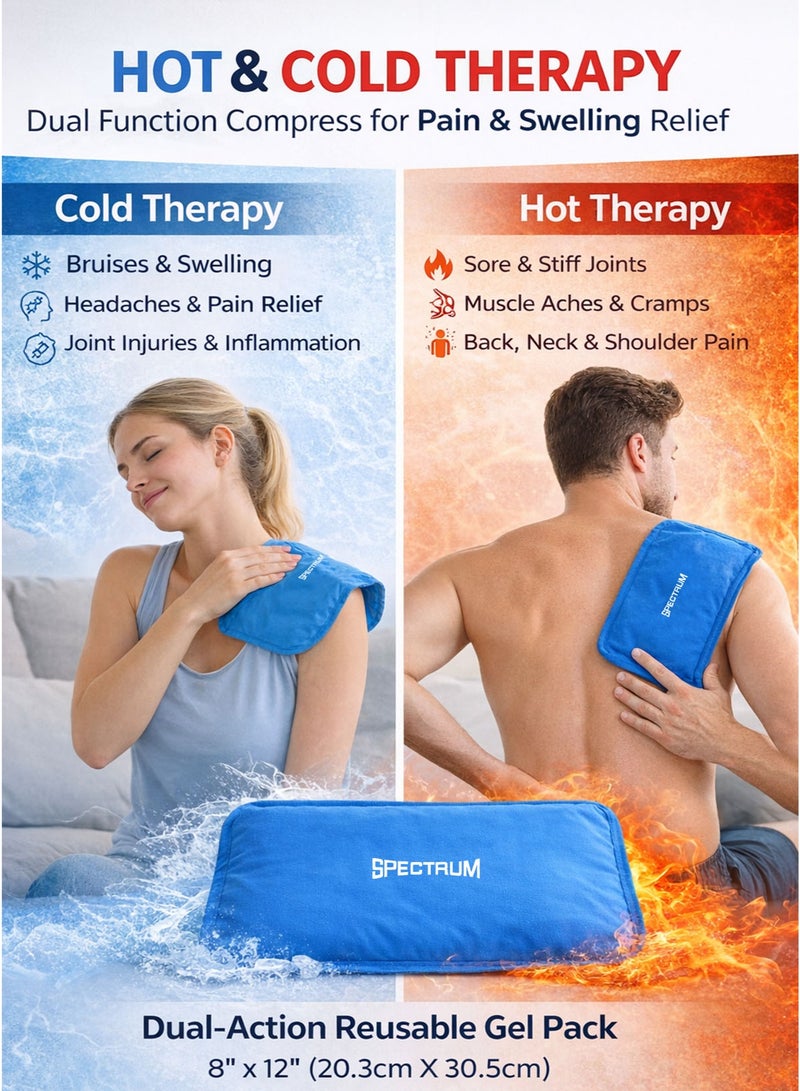Spectrum Hot & Cold Pack Multi Purpose Large Compress 8 x 12 Inches Reusable Dual Therapy Gel Pack with Ultra Flexible Gel for Pain Relief, Swelling Reduction, Bruises, Inflammation, Muscle Aches, Muscle Cramps, Muscle Tension, Sore Muscles, Sore & Stiff Joints, Arthritis, Sprain & Strain, Sports Injury, Physiotherapy, Post-Workout Recovery, Pre/Post Workout Use, Post Surgery, Back, Neck, Shoulder, Knee, Hip, Thigh, Arm, Headache, Toothache Relief, Migraine, Sinus Discomfort, Fever Cooling Compress, Ice Pack & Heat Pack, Flexible Body Contouring Pad for Men Women Adults Kids - Image 2